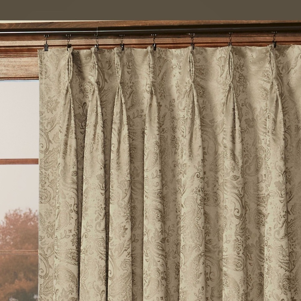 TWO Elegant Custom Tan & Blue Pinch Paisley Pleat Curtain